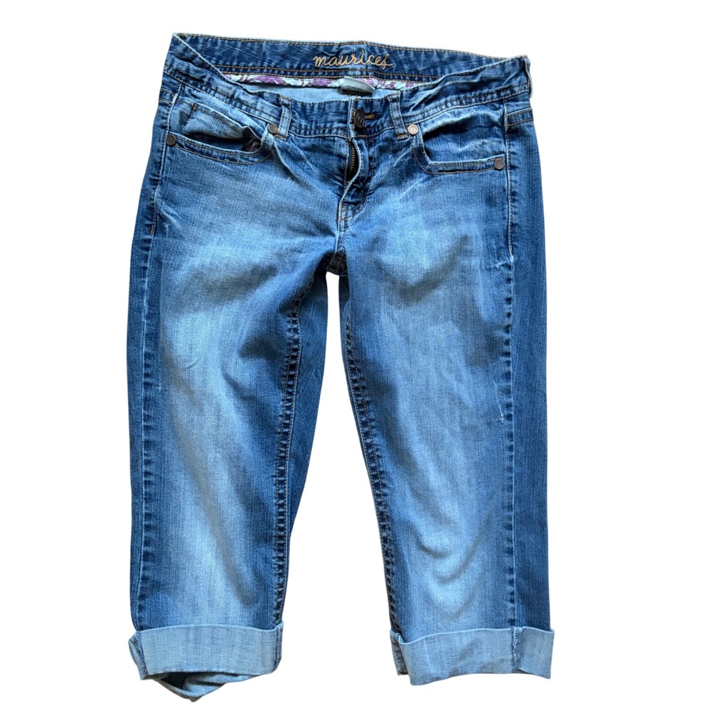 Y2K Low Rise Capri Medium‎ Wash Embroidered Capri Jeans Blue Cuffed Size 7/8